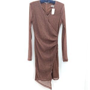 Favlux Mauve Brown Sparkly V-Neck Long Sleeve Bodycon Midi Dress Size Medium